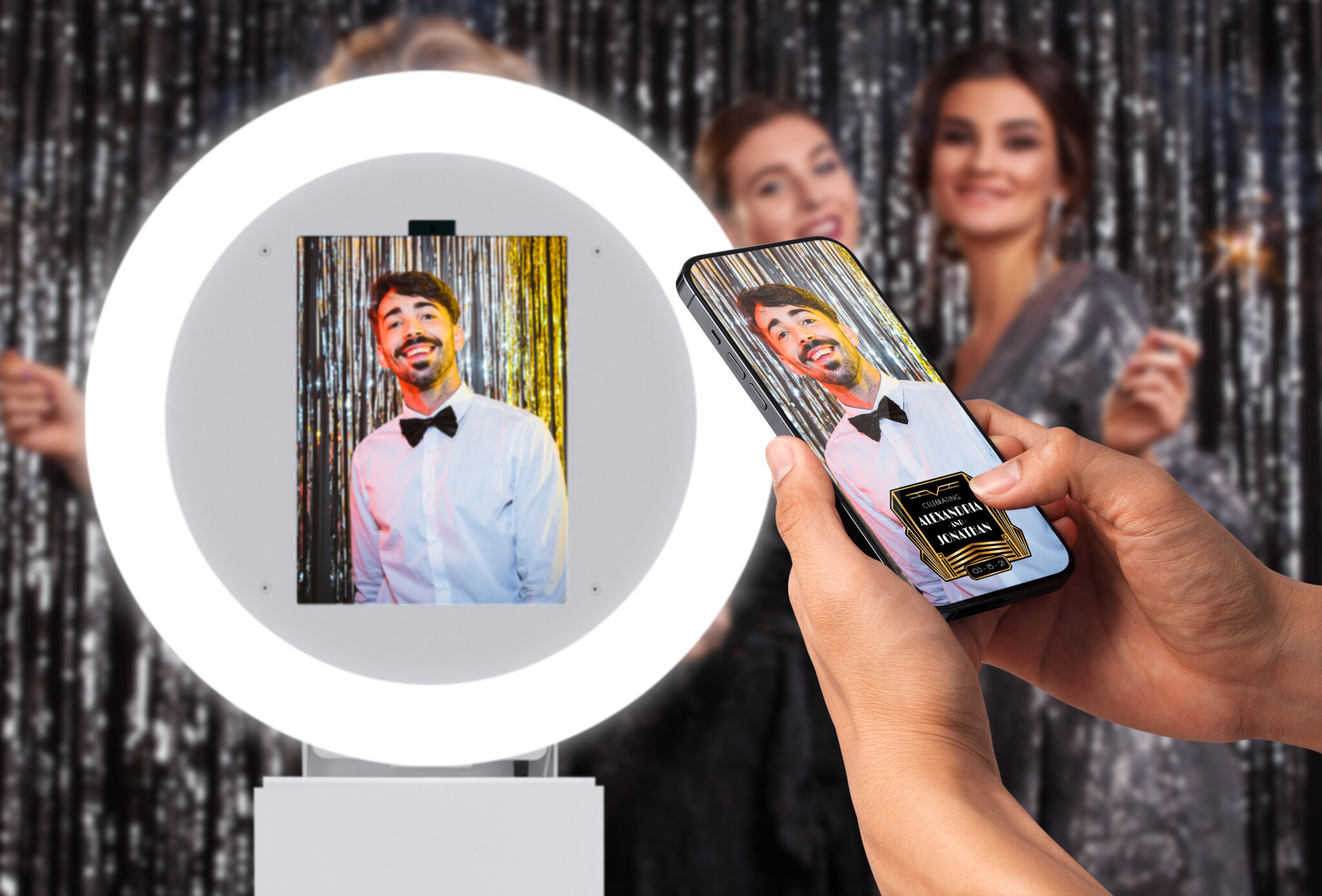 Sleek digital photo booth with touchscreen display, perfect for interactive events and modern celebrations.